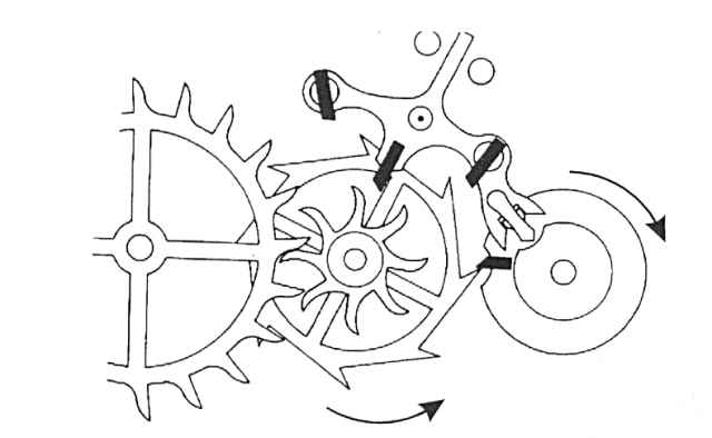 Schema di funzionamento dello scappamento coassiale