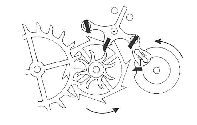 Schema di funzionamento dello scappamento coassiale